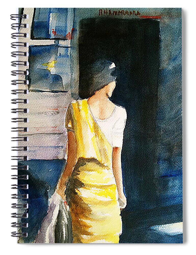 Woman Spiral Notebook featuring the painting Bus Stop - Woman Boarding the Bus by Carlin Blahnik CarlinArtWatercolor