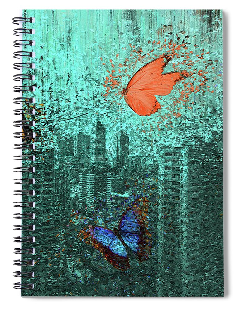 Butterflies Spiral Notebook featuring the mixed media Butterflies over the City by Alex Mir