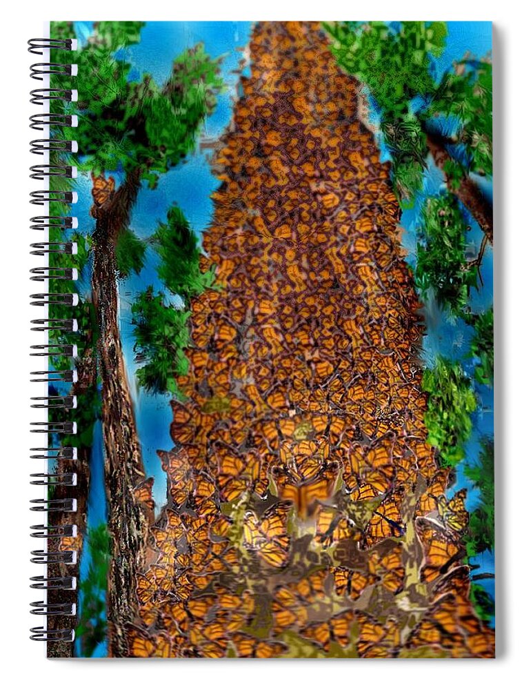 Sketch With Pencil Colored Digitally Oyamel Tree Butterfly Tree Spiral Notebook featuring the mixed media Butterfly Haven by Pamela Calhoun