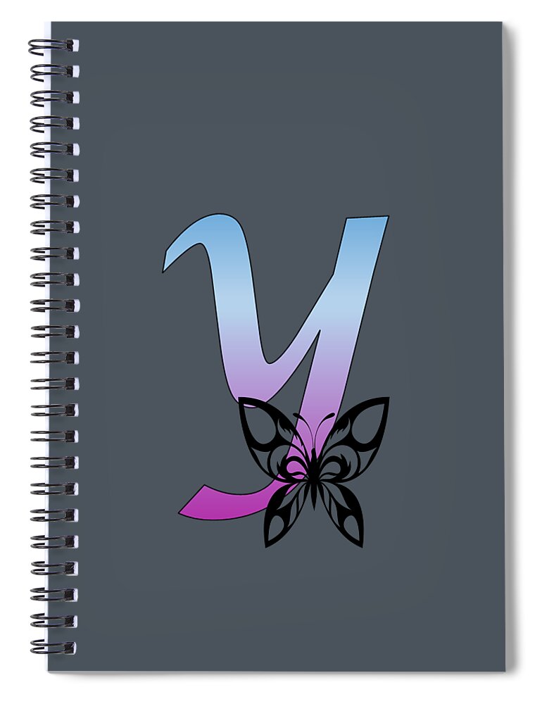 Monogram Spiral Notebook featuring the digital art Butterfly Silhouette on Monogram Lower Case y Gradient Blue Purple by Ali Baucom