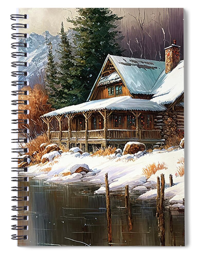 Log Cabin Spiral Notebook featuring the painting Cabin In The Mountains by Tina LeCour