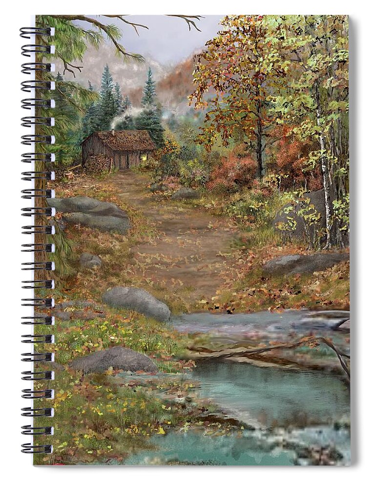 Mountain Landscape Spiral Notebook featuring the digital art Cabin in the Woods by Marilyn Cullingford