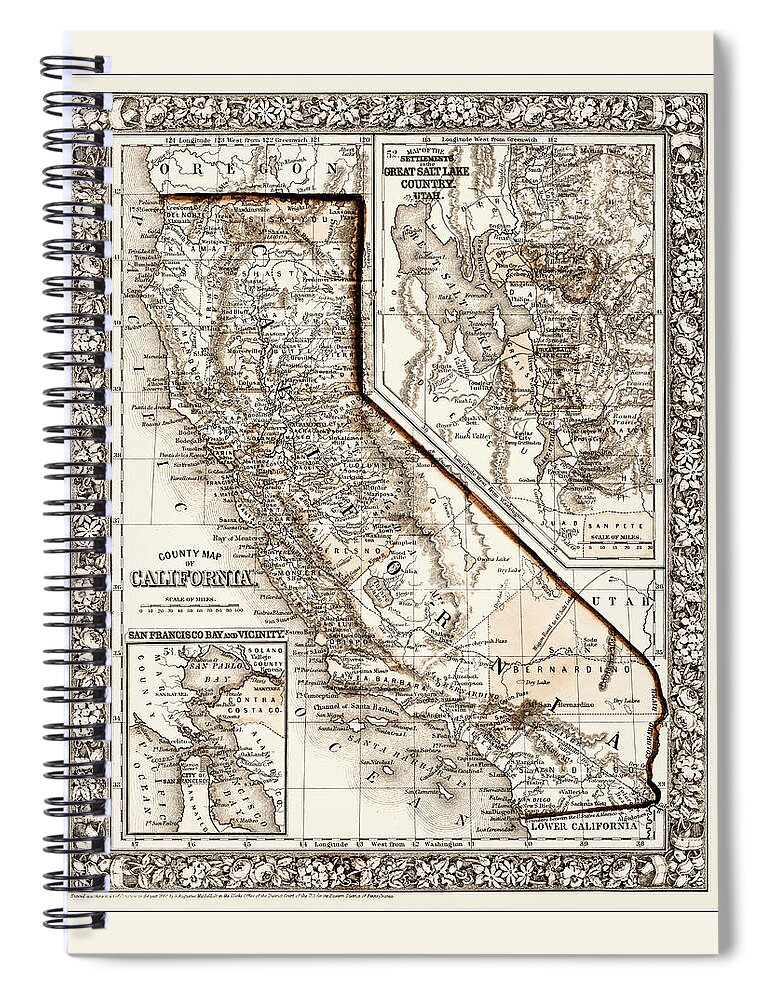 California Spiral Notebook featuring the photograph California Vintage County Map 1860 Sepia by Carol Japp
