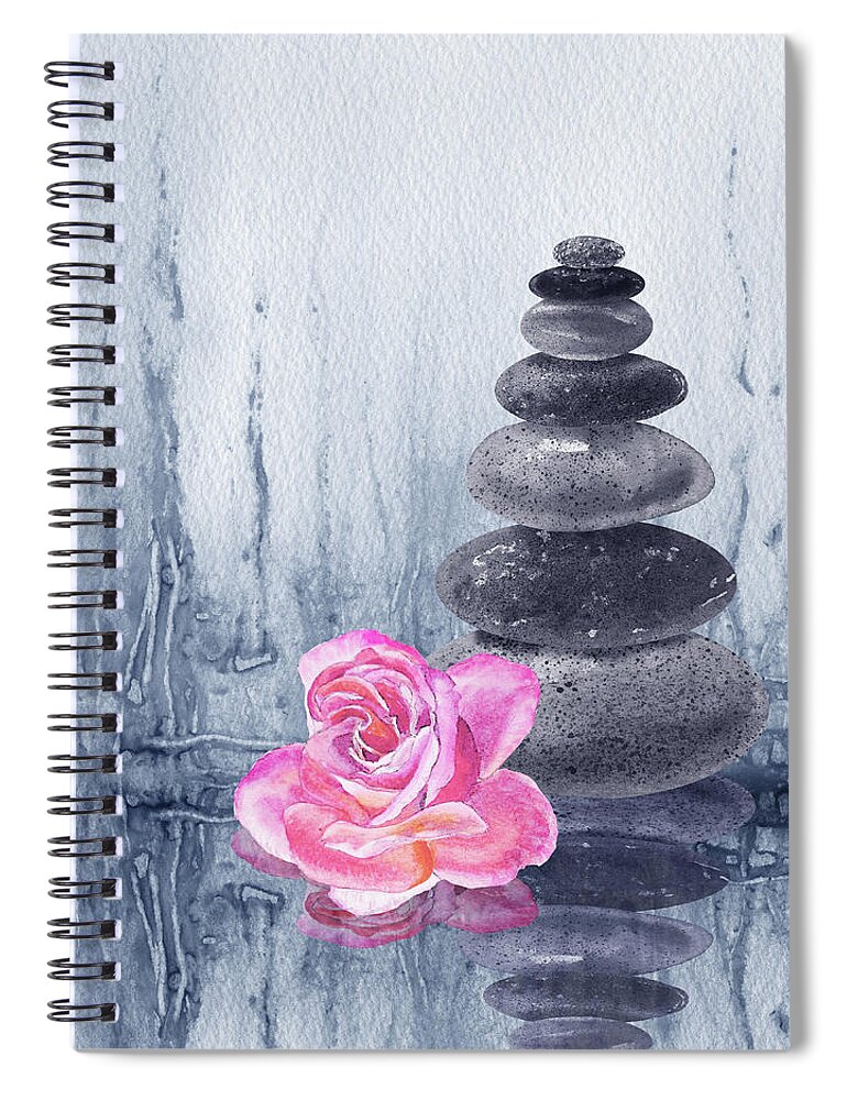 Zen Rocks Spiral Notebook featuring the painting Calm Peaceful Relaxing Zen Rocks Cairn With Flower Meditative Spa Collection Watercolor Art V by Irina Sztukowski