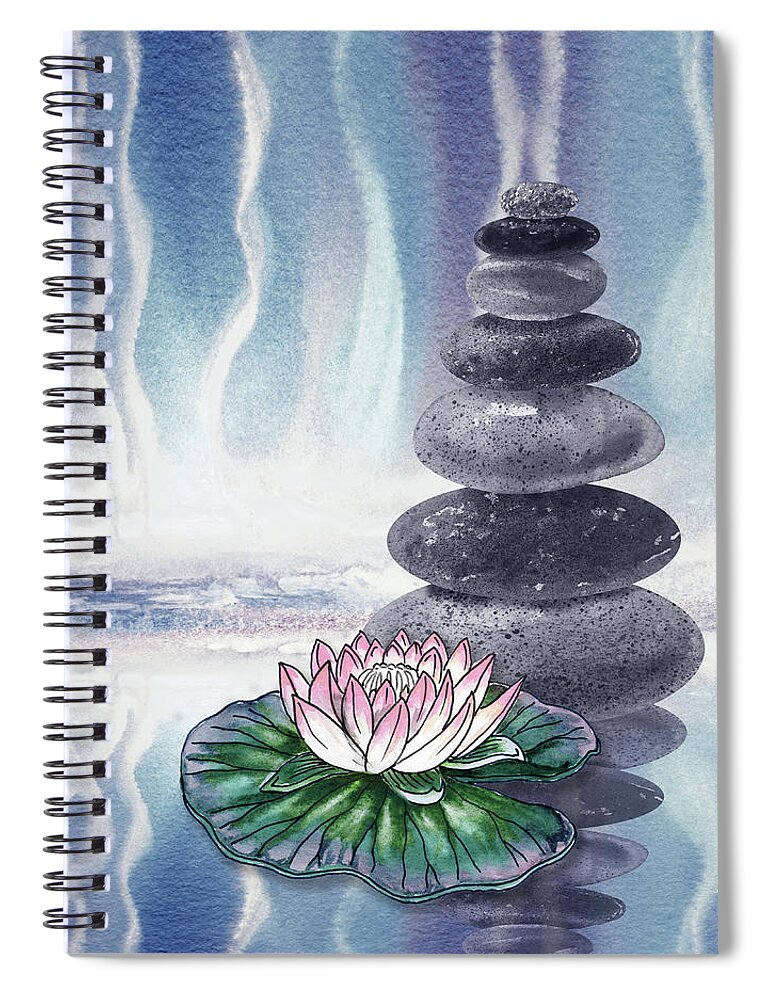 Zen Rocks Spiral Notebook featuring the painting Calm Peaceful Relaxing Zen Rocks Cairn With Flower Meditative Spa Collection Watercolor Art VIII by Irina Sztukowski