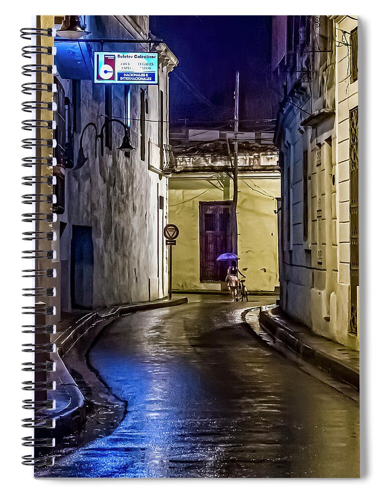 © 2015 Lou Novick All Rights Reversed Spiral Notebook featuring the photograph Camaguey rainy street by Lou Novick