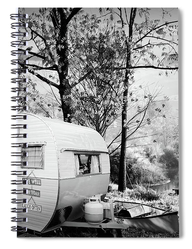 White Spiral Notebook featuring the photograph Camping at the Creek Black and White by Debra and Dave Vanderlaan