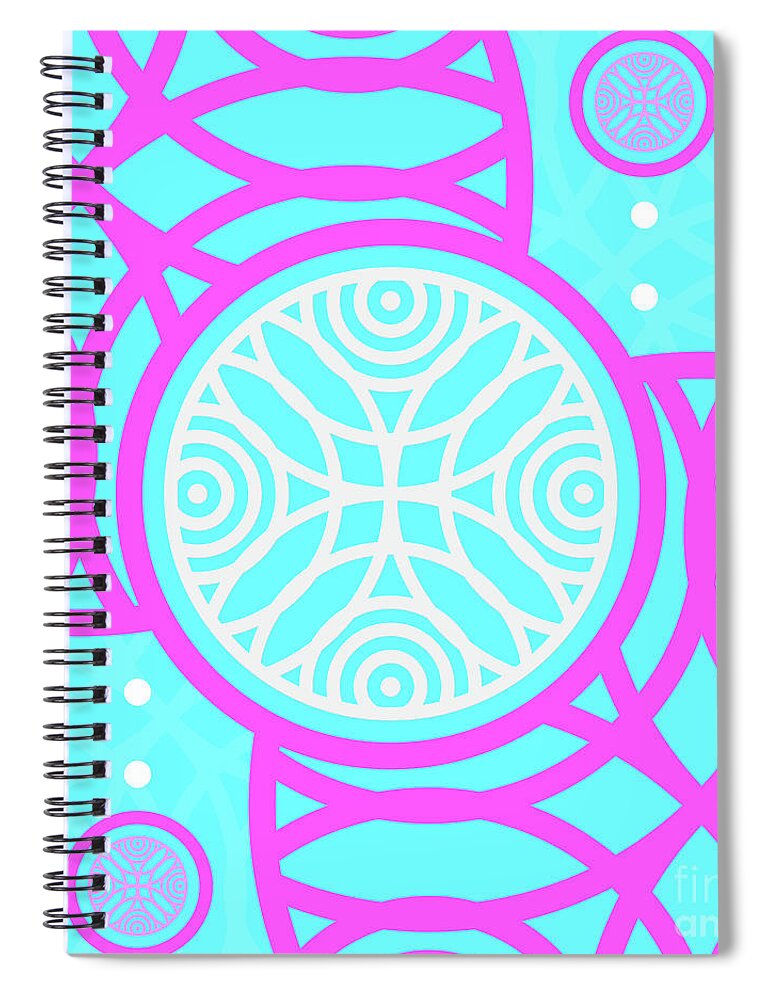 Abstract Spiral Notebook featuring the mixed media Candy Bubblegum Geometric Glyph Art in Cyan Blue and Pink n.0126 by Holy Rock Design