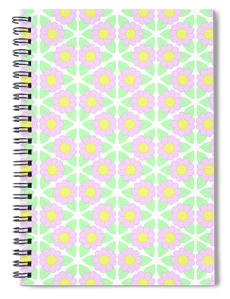 Flower Pattern Spiral Notebook featuring the digital art Candy Flower - Pink, Yellow and Green Floral Pattern by LJ Knight
