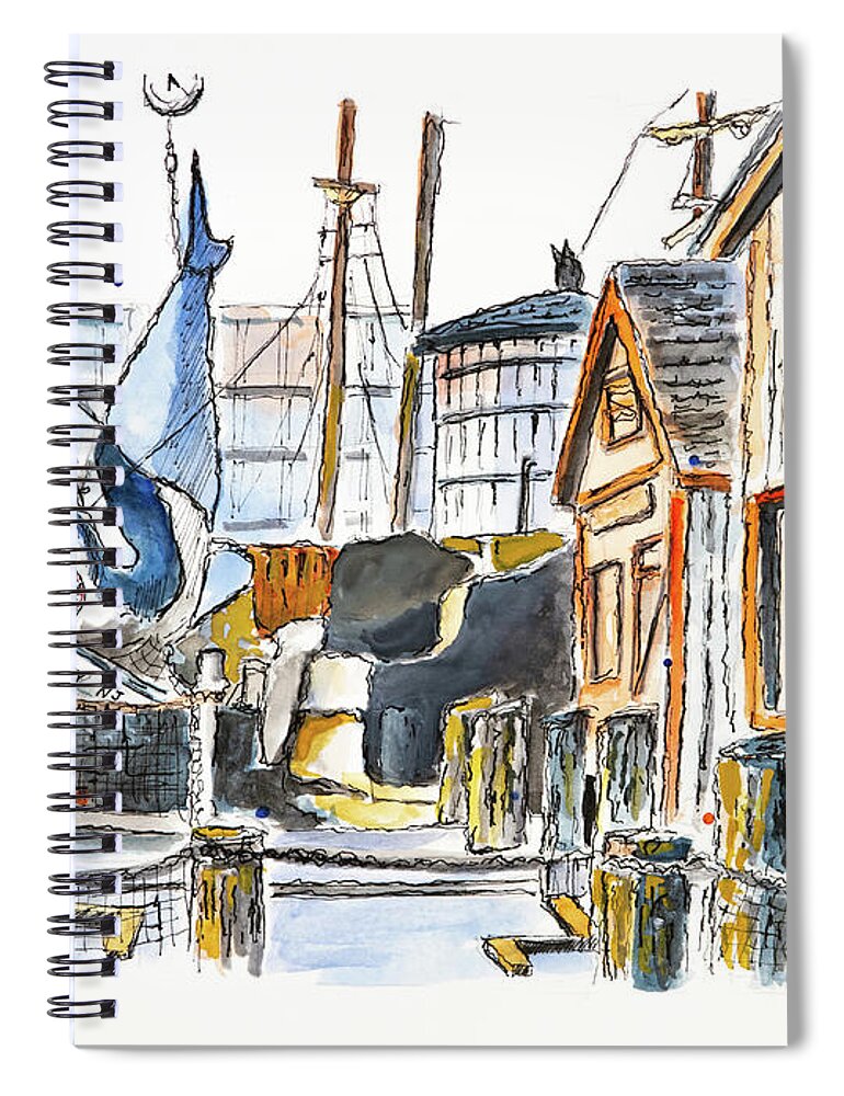 Shark Spiral Notebook featuring the drawing Capt John's Boat Works NJ by Mike Bergen