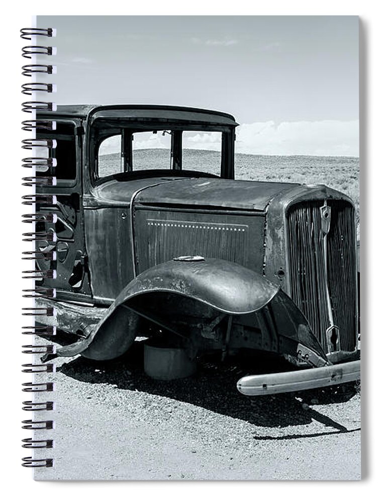 Petrified Forest National Park Spiral Notebook featuring the photograph Car Skeleton At Rt 66 Bw by Jonathan Nguyen