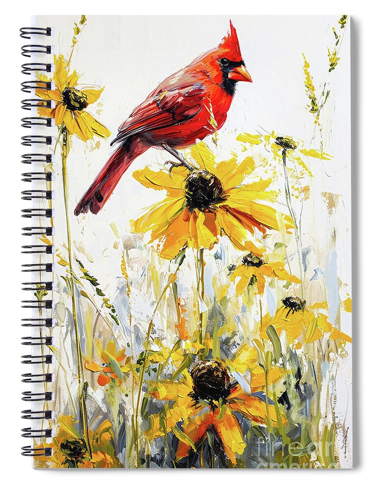 Northern Cardinal Spiral Notebook featuring the painting Cardinal In The Daisies by Tina LeCour