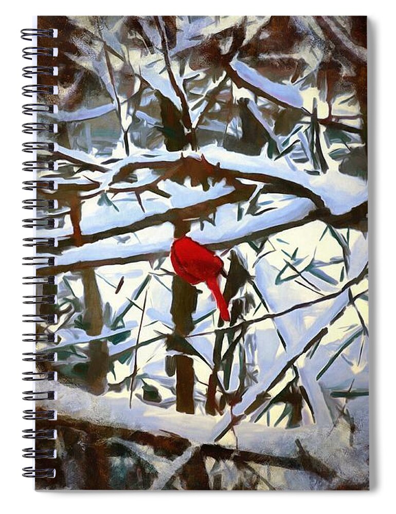 Cardinal Spiral Notebook featuring the mixed media Cardinal in the Snowy Trees by Christopher Reed
