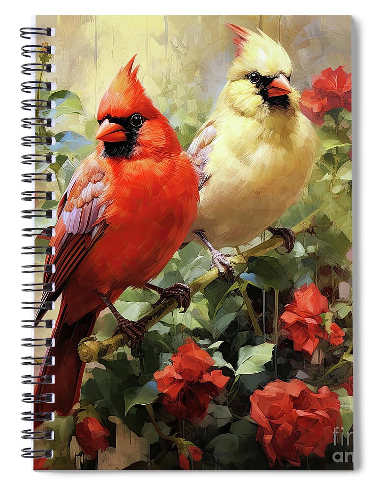 Northern Cardinals Spiral Notebook featuring the painting Cardinals In The Roses by Tina LeCour