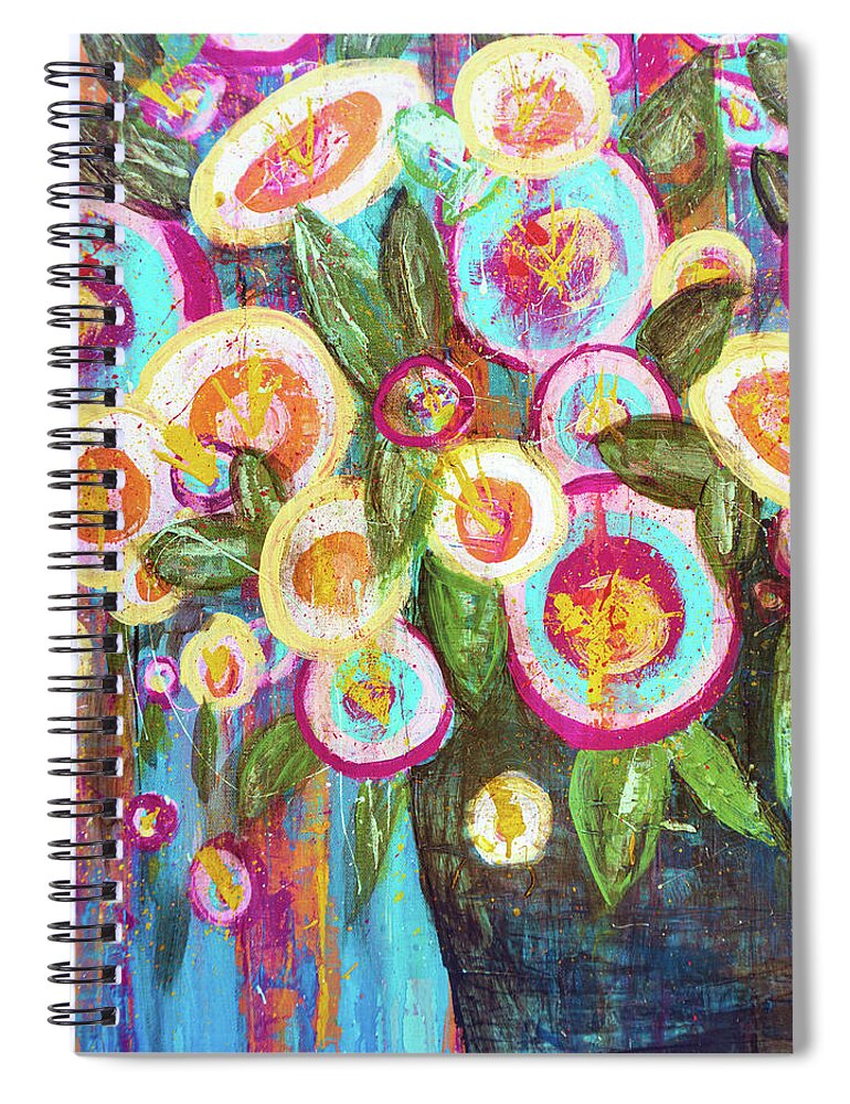 Carnation Spiral Notebook featuring the painting Carnations and Roses Abstract Teal Bouquet by Joanne Herrmann
