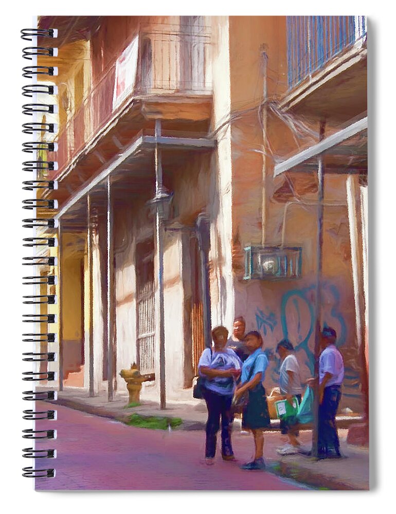 Casco Antiguo Spiral Notebook featuring the mixed media Casco Viejo School Day by Kandy Hurley