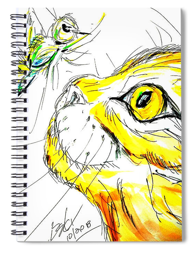 Cat Spiral Notebook featuring the mixed media Cat Bug Stare down by Brent Knippel