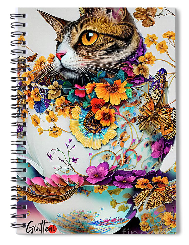 Digital Art Spiral Notebook featuring the digital art Cat In A Cup Ginette In Wonderland Digital Art by Ginette Callaway