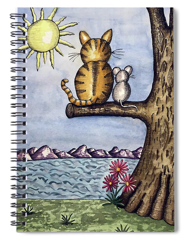 Childrens Art Spiral Notebook featuring the painting Cat Mouse Sun by Christina Wedberg