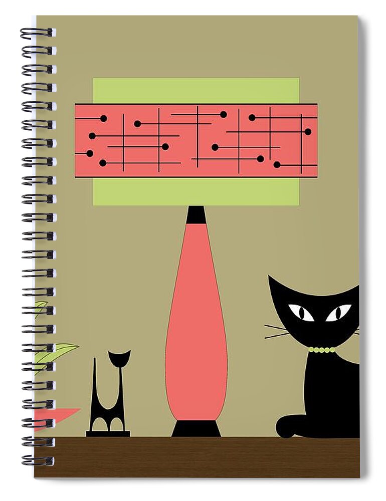 Mid Century Modern Spiral Notebook featuring the digital art Cat on Tabletop with Lamp in Pink by Donna Mibus