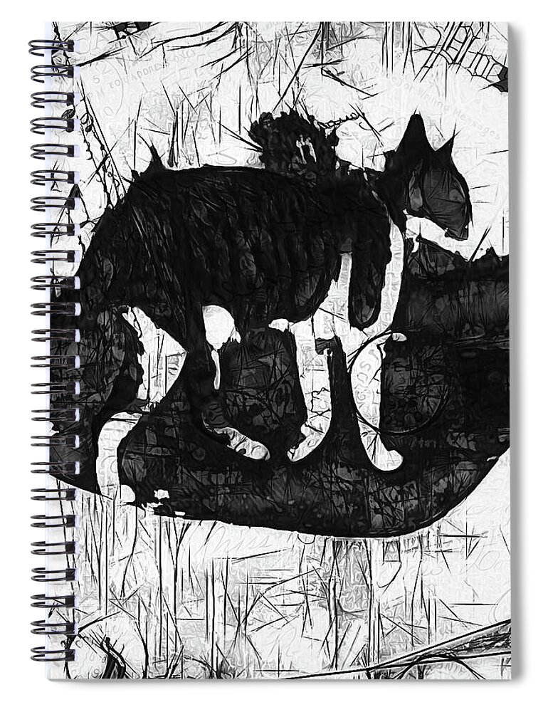 Cat Travels In Black And White Spiral Notebook featuring the mixed media Cat Travels in Black and White by Kandy Hurley