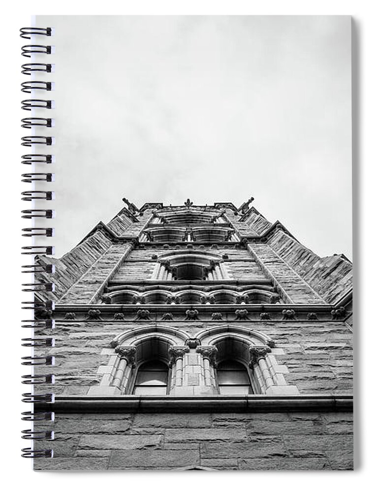 Cathedral Basilica Of The Sacred Heart Spiral Notebook featuring the photograph Cathedral Basilica of the Sacred Heart - Tower BW by Len Tauro
