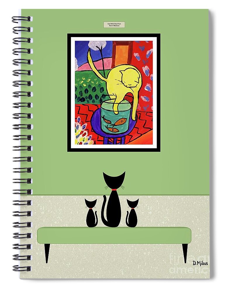 Mid Century Cat Spiral Notebook featuring the digital art Cats Admire Matisse Fish Painting by Donna Mibus