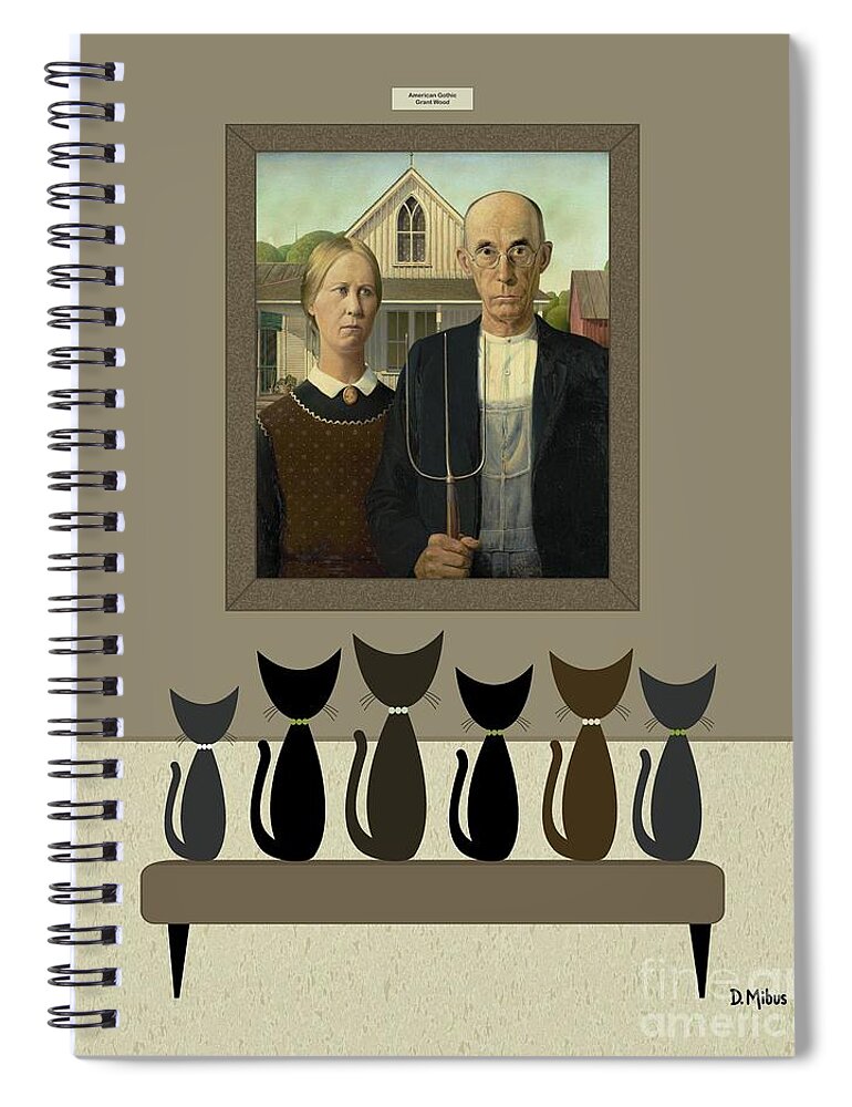 Grant Wood Spiral Notebook featuring the digital art Cats Contemplate American Gothic by Donna Mibus