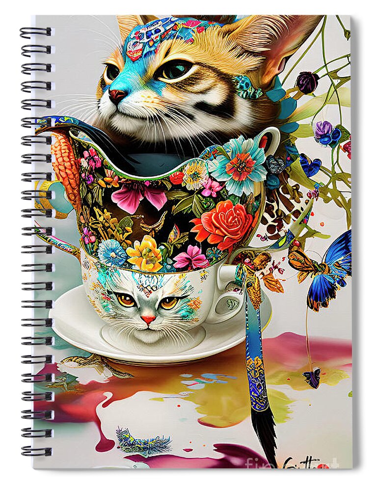 Digital Art Spiral Notebook featuring the digital art Cats in A Cup 2 Ginette In Wonderland Decorative Art by Ginette Callaway