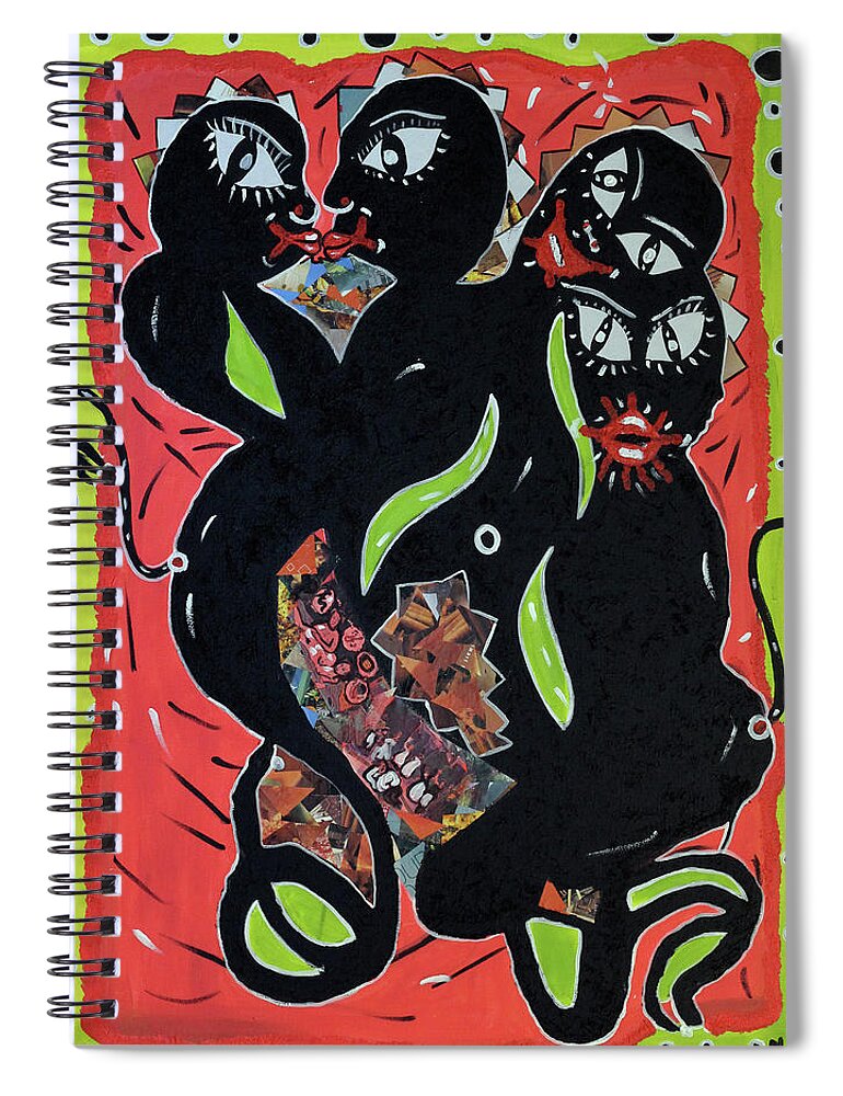 Soweto Spiral Notebook featuring the painting Cats In A Sack by Nkuly Sibeko