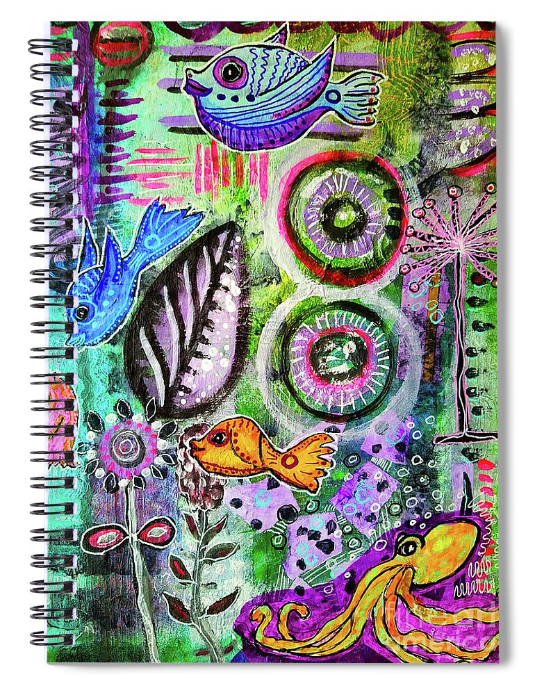 Deep Sea Spiral Notebook featuring the mixed media Cedric Octopus Sitting in a Cloud of Deep Violet Ink by Mimulux Patricia No