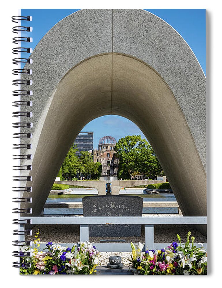Memorial Spiral Notebook featuring the photograph Cenotaph for the Hiroshima A-bomb victims by Lyl Dil Creations
