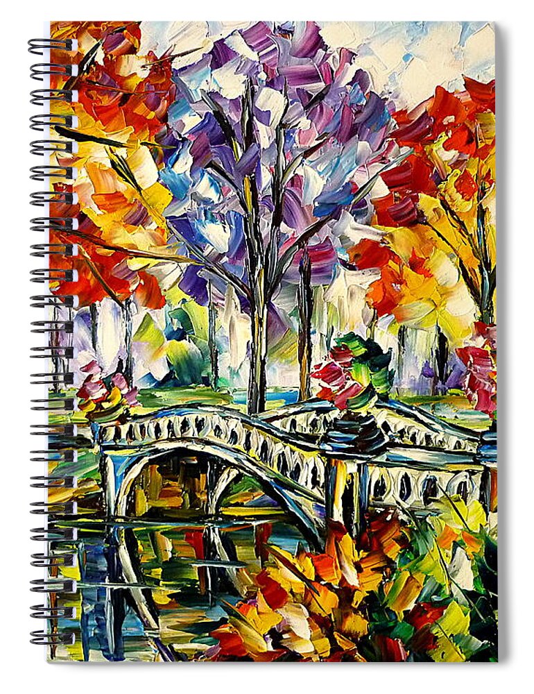 Colorful Cityscape Spiral Notebook featuring the painting Central Park, Bow Bridge by Mirek Kuzniar