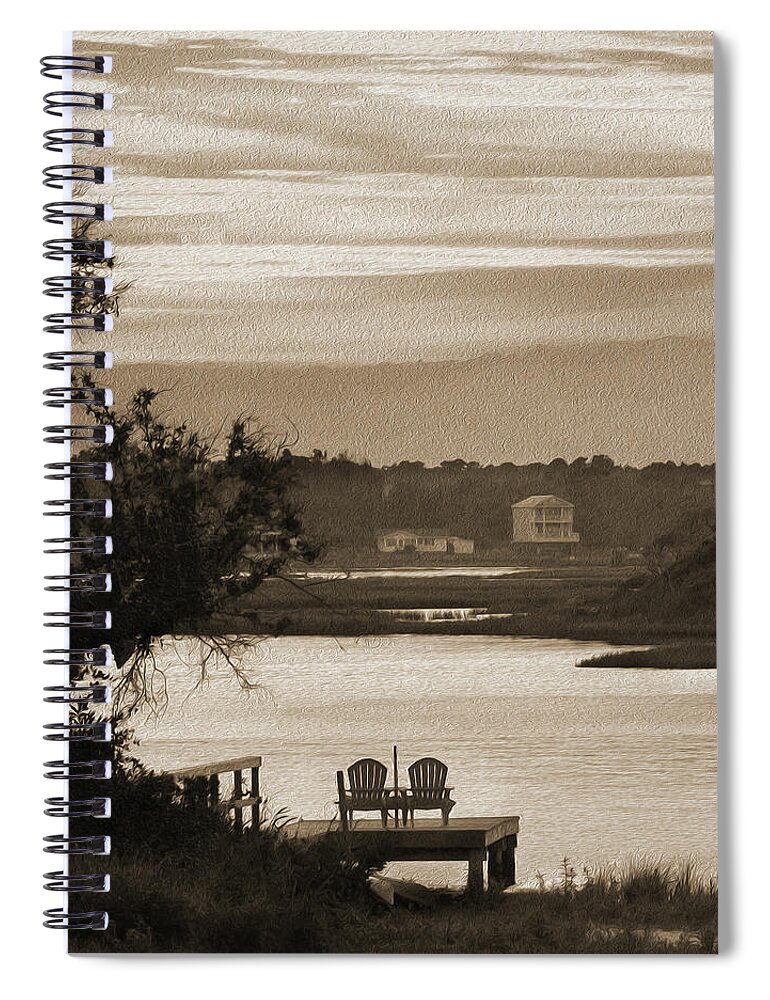 Beach Scene Spiral Notebook featuring the photograph Chairs on a Dock by Mike McGlothlen