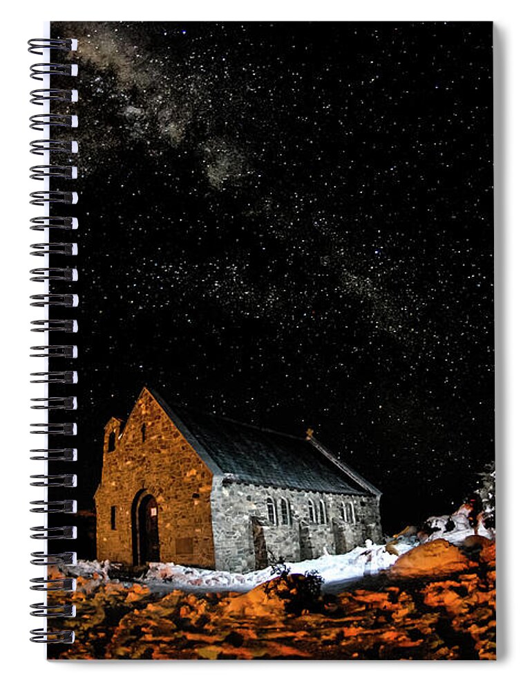 Milky Way Spiral Notebook featuring the photograph Chapel - Church of Good Shepherd, South Island, New Zealand by Earth And Spirit
