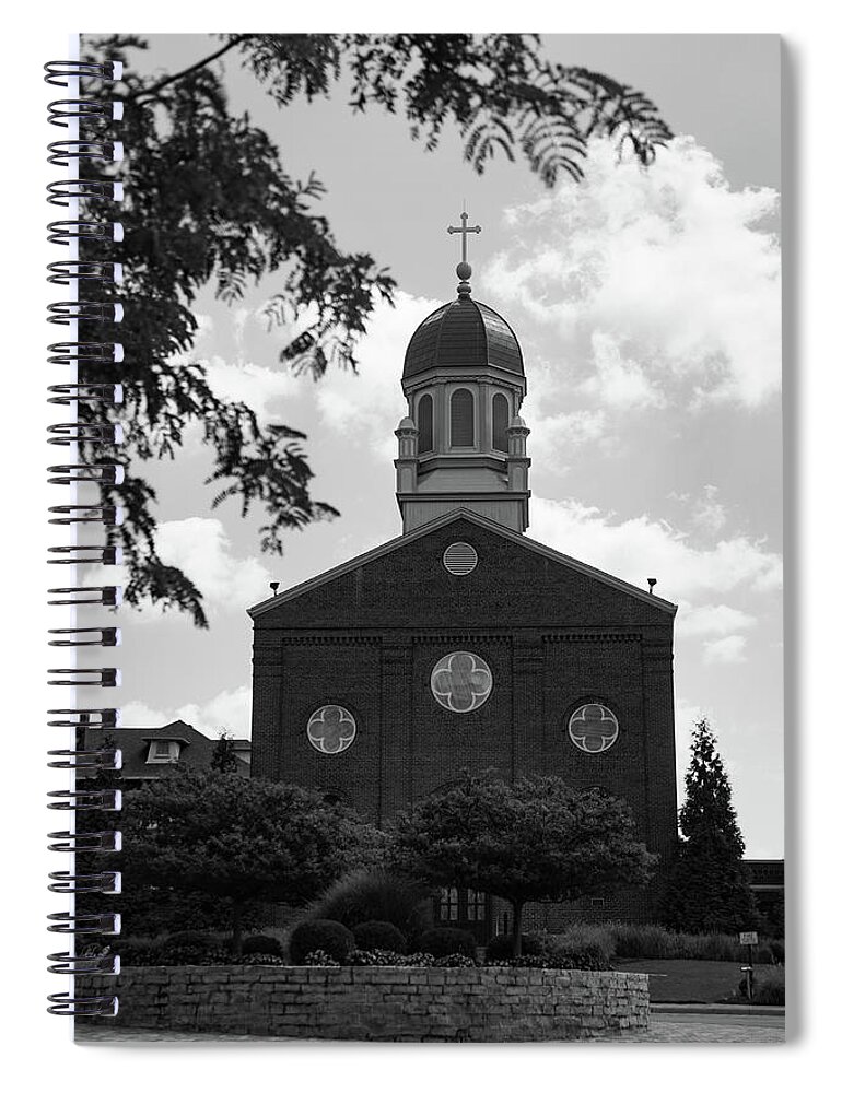 Private College Spiral Notebook featuring the photograph Chapel of the Immaculate Conception at the University of Dayton in black and white by Eldon McGraw