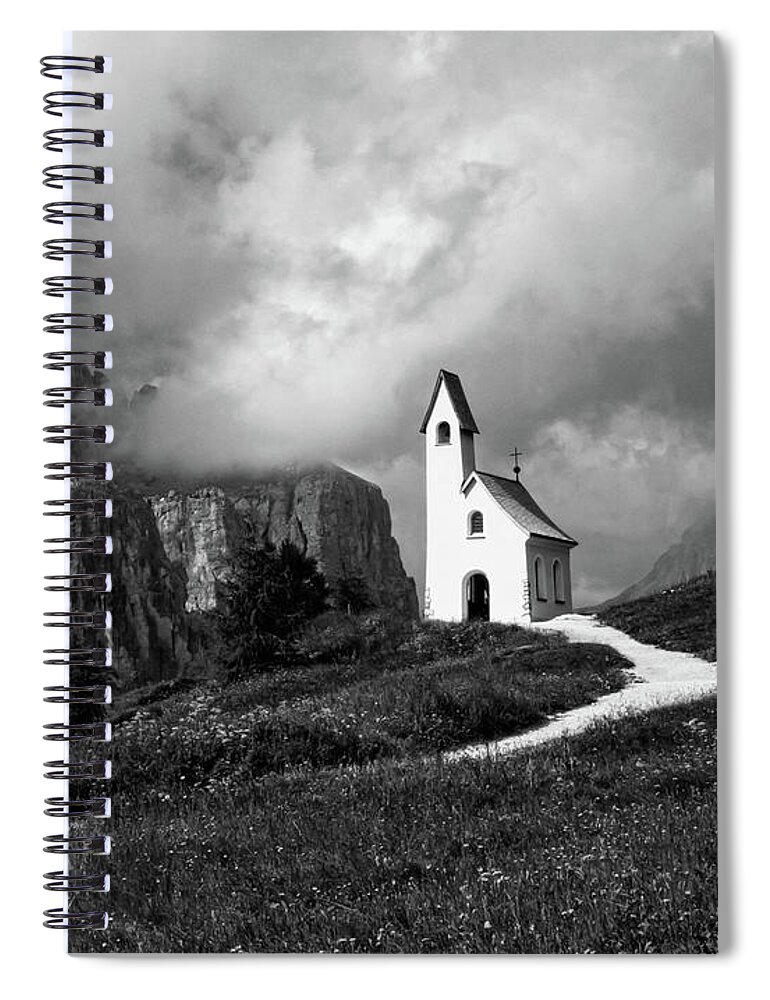 Chapel Spiral Notebook featuring the photograph Chapel on the Passo Gardena, Dolomitres, Italy by Sarah Howard