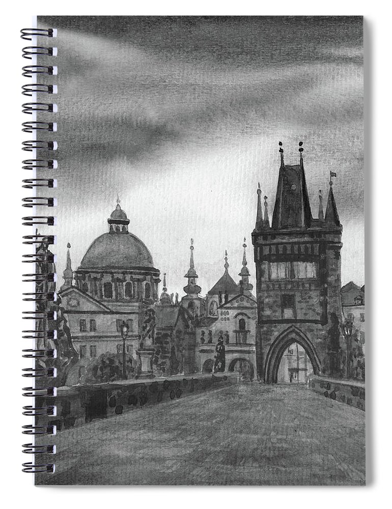 Prague Spiral Notebook featuring the painting Charles Bridge Czech Republic Prague In Gray by Irina Sztukowski