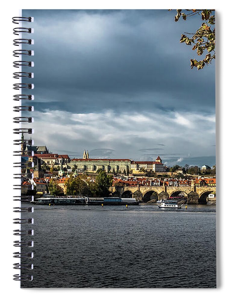 Prague Spiral Notebook featuring the photograph Charles Bridge Over Moldova River And Hradcany Castle In Prague In The Czech Republic by Andreas Berthold