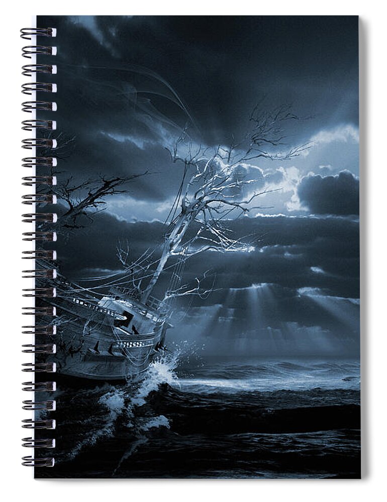 Ghost Ships Phantom Boat Supernatural Isolation Spiral Notebook featuring the digital art Chasing the light Ghost ship series by George Grie