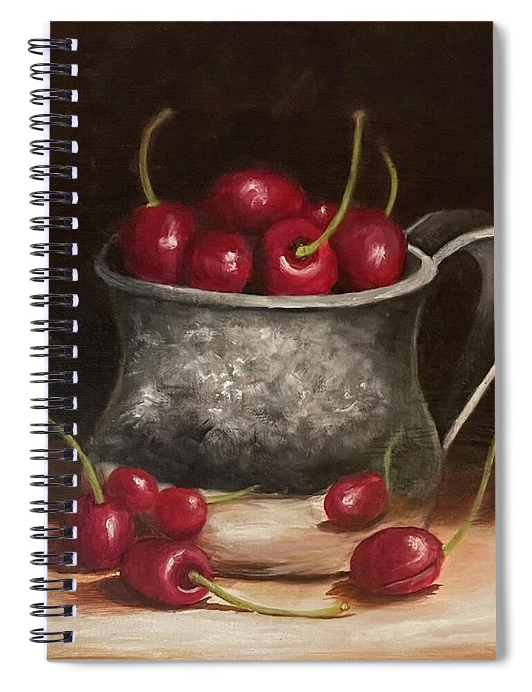 Cherries Fruit Silver Still Life Spiral Notebook featuring the painting Cherries and Silver by Susan Dehlinger