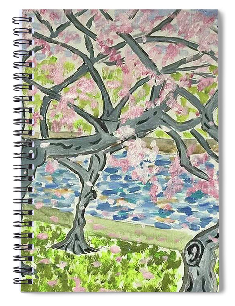 Cherry Blossoms Spiral Notebook featuring the painting Cherry Blossoms on the Mall #1 by John Macarthur