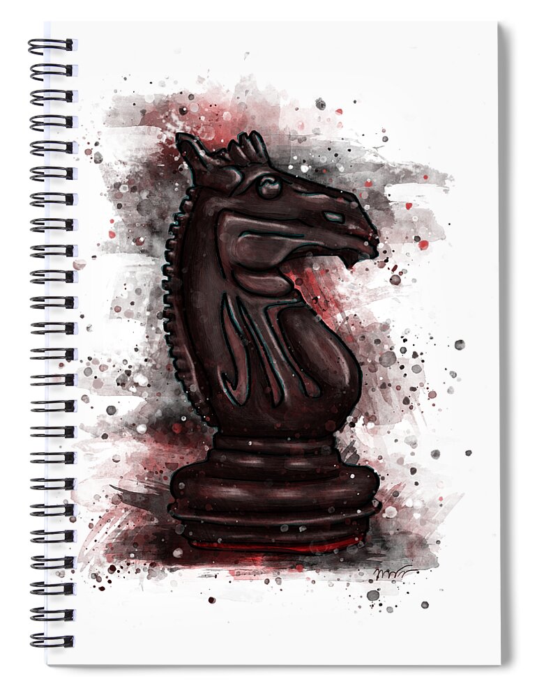 Chess Piece Spiral Notebook featuring the painting Chess piece splatter art, black chess knight by Nadia CHEVREL
