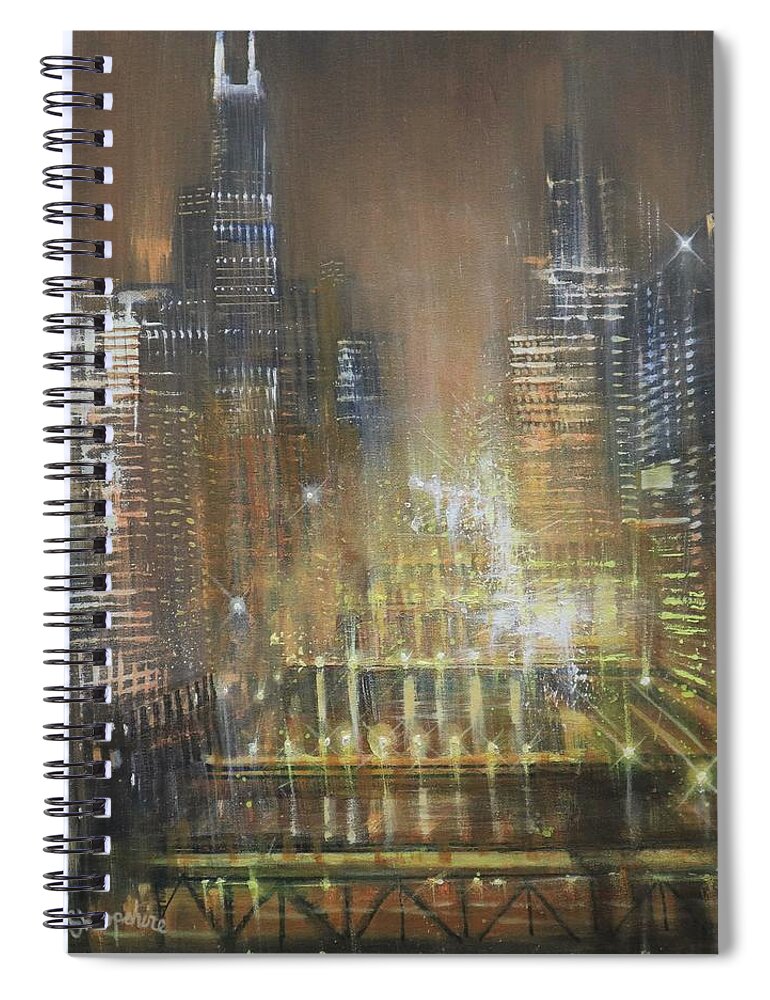 Chicago Spiral Notebook featuring the painting Chicago River Gold by Tom Shropshire