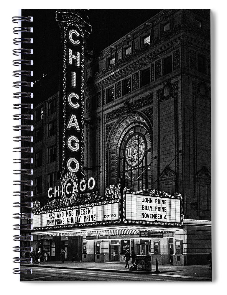 B&w Spiral Notebook featuring the photograph Chicago Theater by Mike Schaffner