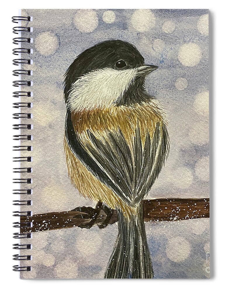 Chickadee Spiral Notebook featuring the painting Chickadee In Snow by Lisa Neuman