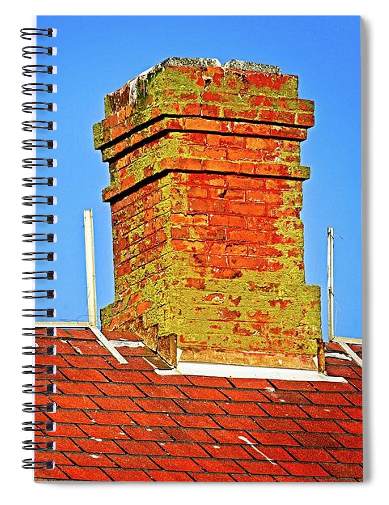 Standing; Chimney; Roof; Peak; Spire; Steeple; Aqua; Black; Blue; Blue Sky; Green; Red; Alone; Old; Rough; Worn; Worn Out; Fungus; Moss; Mold; Bright; Sunny; Sunshine; Bird Droppings; Brick; Droppings; Hard; Metal; Shingle; Surface; Texture; Tile; Above; Building; Close Up; High; House; Sky; Block; Elongated; Layered; Pattern; Peaked; Protruded; Rectangle; Repeated; Sloped; Square; Steep; Terraced; Vertical; Day; Clear Spiral Notebook featuring the photograph Chimney On Blue by David Desautel