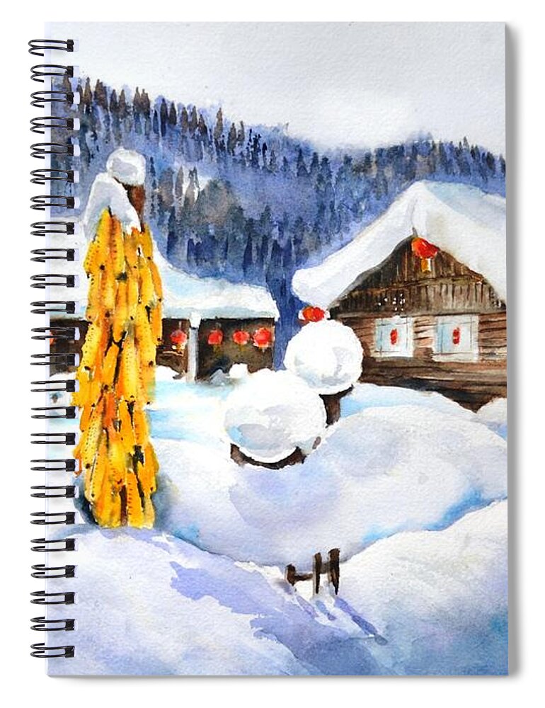 Snow Spiral Notebook featuring the painting Chinese village #2 by Betty M M Wong
