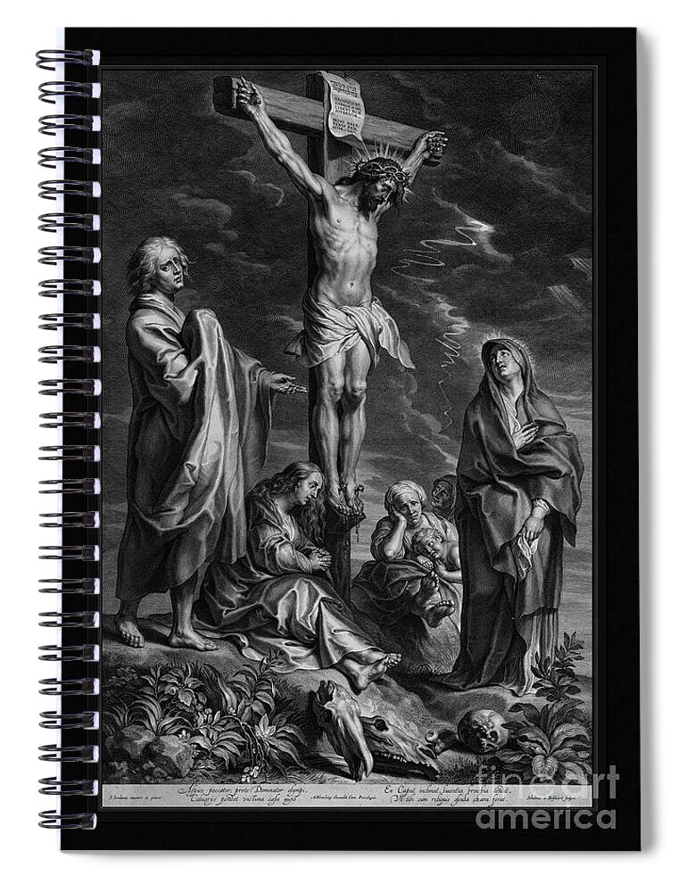 Christ On The Cross Spiral Notebook featuring the painting Christ on the Cross, with Mary and Johannes by Engraver Schelte Adamsz Bolswert Classical Art by Xzendor7