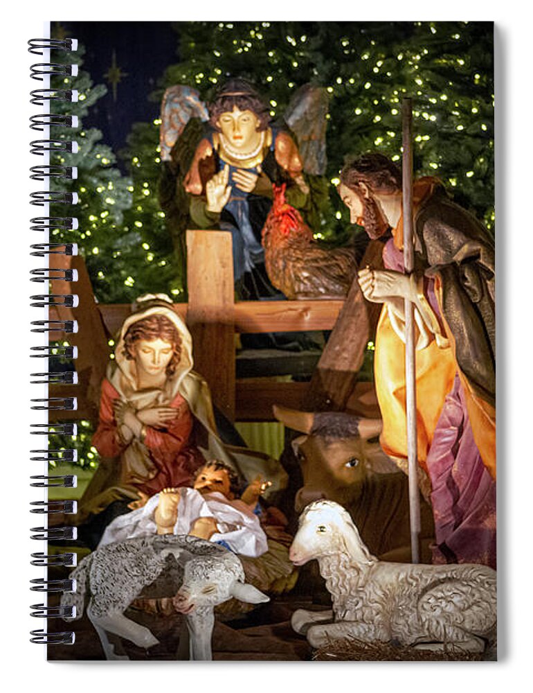 Christmas Spiral Notebook featuring the photograph Christmas Creche 2 with border by Bonnie Follett